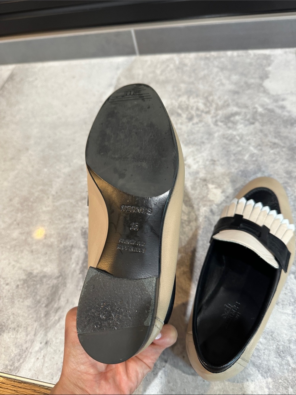 Hermes Beige Black Cream Fringe Leather Loafers - Picture 9 of 9